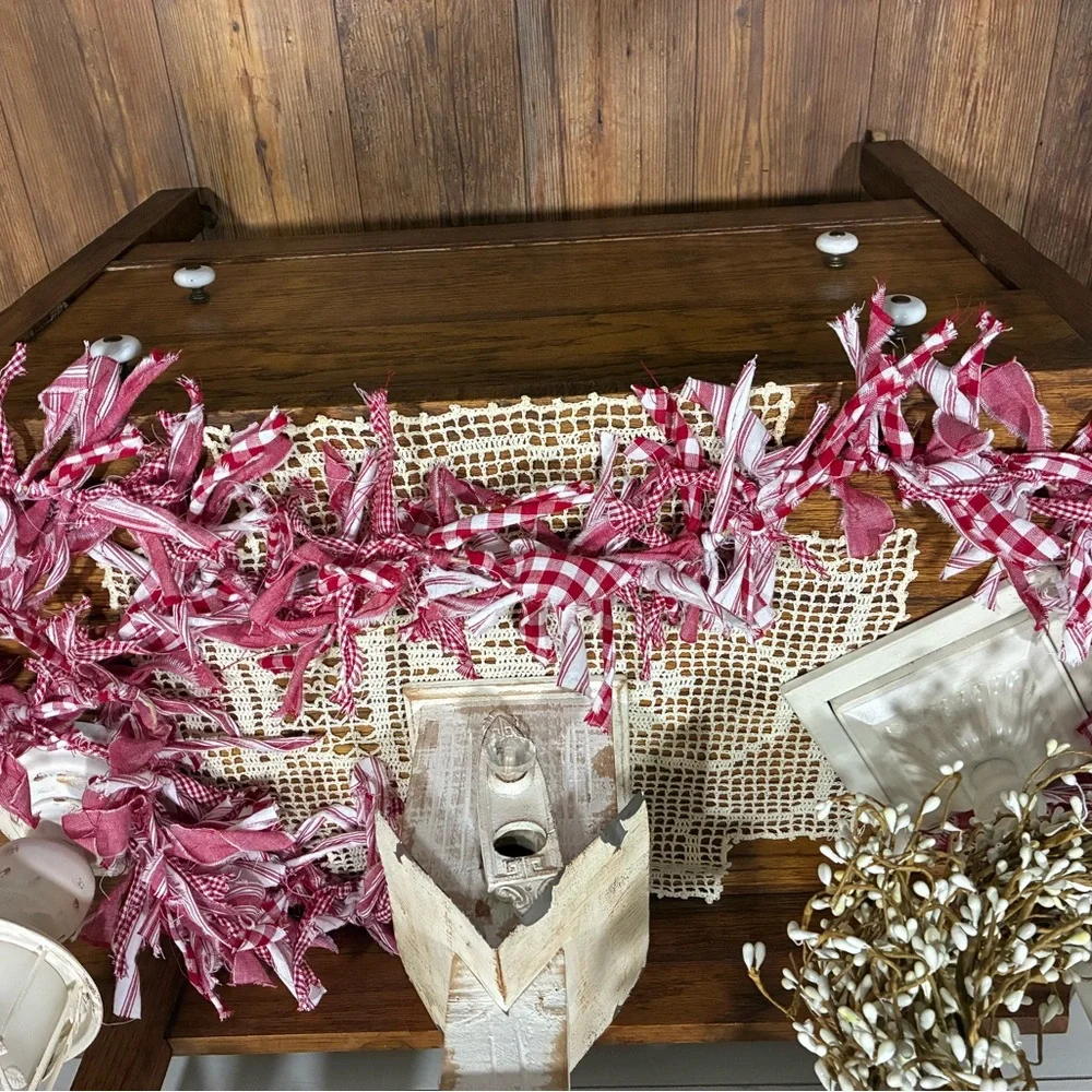 Rustic Red and White handmade rag garland great for Valentine’s Day decorations